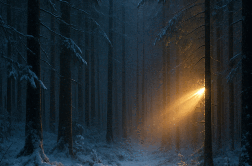 Fotorealistický zimní les v chladných modrých odstínech, do kterého mezi stromy proniká jemný zlatý paprsek světla při zimním slunovratu.