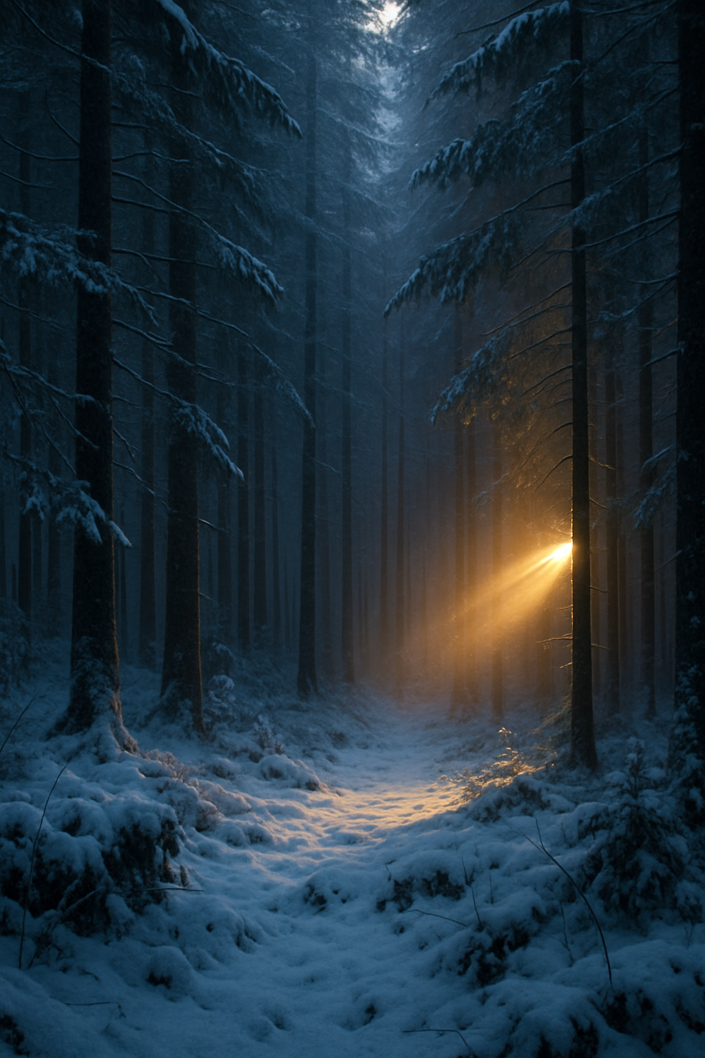 Fotorealistický zimní les v chladných modrých odstínech, do kterého mezi stromy proniká jemný zlatý paprsek světla při zimním slunovratu.