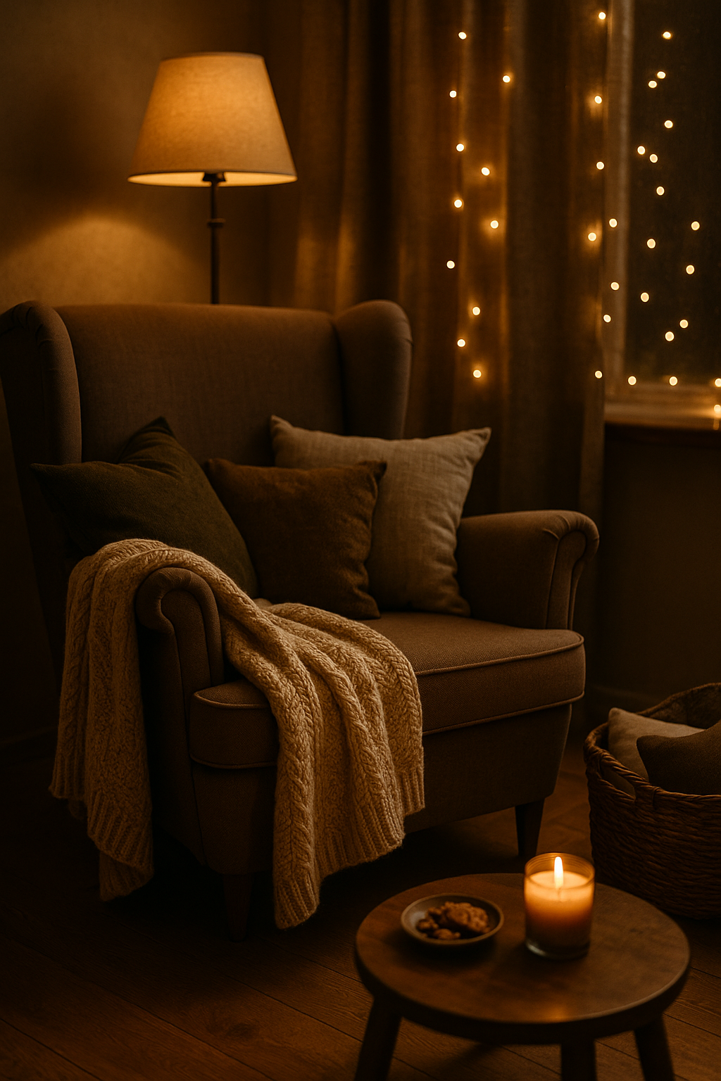 „Zimní koutek s ušákem, měkkou dekou, polštáři a zapálenou svíčkou, v teplém světle lampy a jemných světýlek v pozadí.“ Popisek pod obrázek
