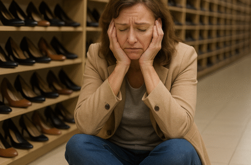 Barefoot žena sedí na podlaze obchodu s botami, obklopená nekonečnými regály lodiček. Má unavený a zklamaný výraz, jako by nenašla jediný pár, který by jí seděl. Fotografie symbolizuje frustraci žen z módy, která ignoruje pohodlí a skutečné potřeby ženských nohou.