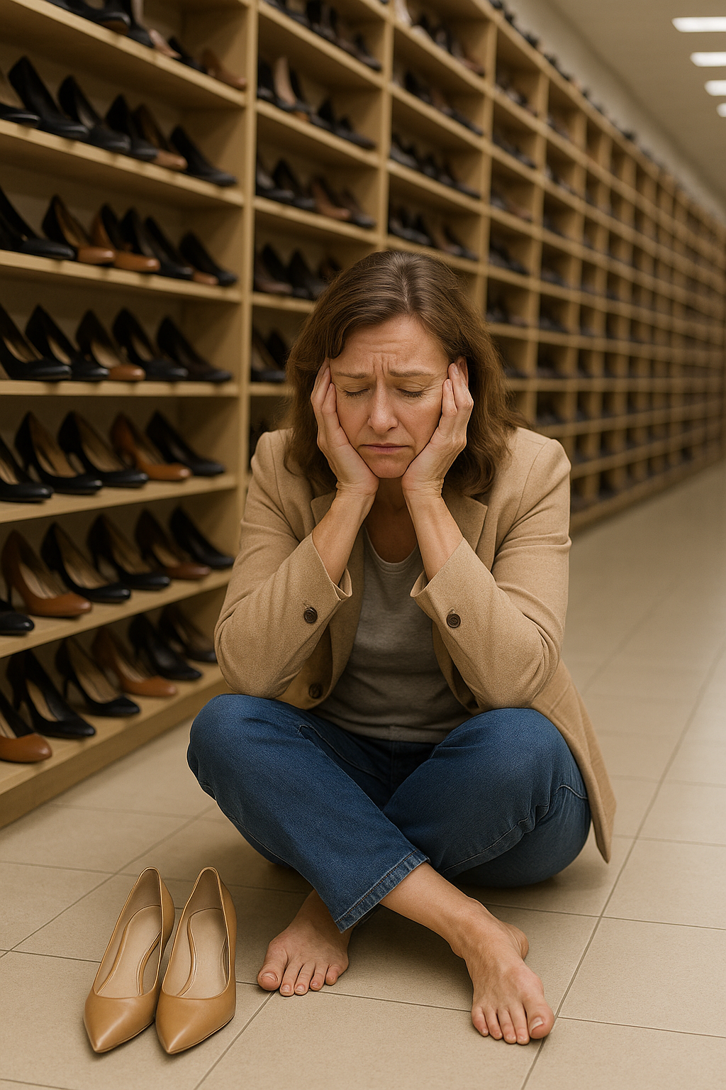 Barefoot žena sedí na podlaze obchodu s botami, obklopená nekonečnými regály lodiček. Má unavený a zklamaný výraz, jako by nenašla jediný pár, který by jí seděl. Fotografie symbolizuje frustraci žen z módy, která ignoruje pohodlí a skutečné potřeby ženských nohou.