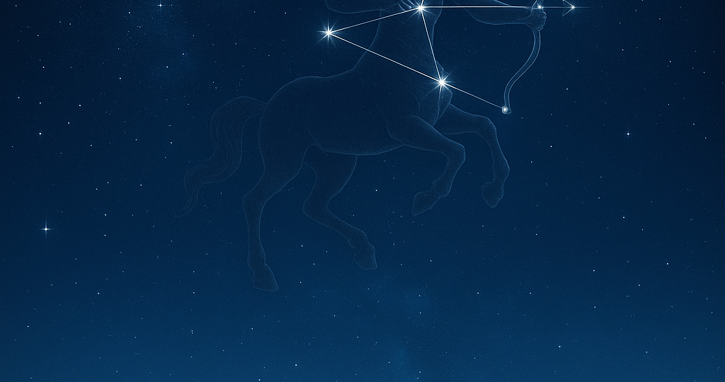 „Noční zimní krajina s hvězdnou oblohou a souhvězdím Střelce, symbol adventního období a duchovní přípravy na svátky.“