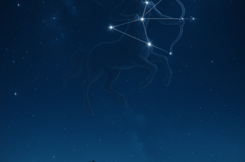 „Noční zimní krajina s hvězdnou oblohou a souhvězdím Střelce, symbol adventního období a duchovní přípravy na svátky.“