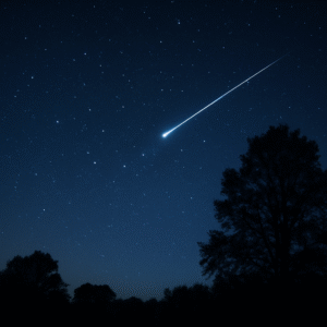 Meteor na noční obloze nad siluetou stromů během listopadových meteorických rojů.