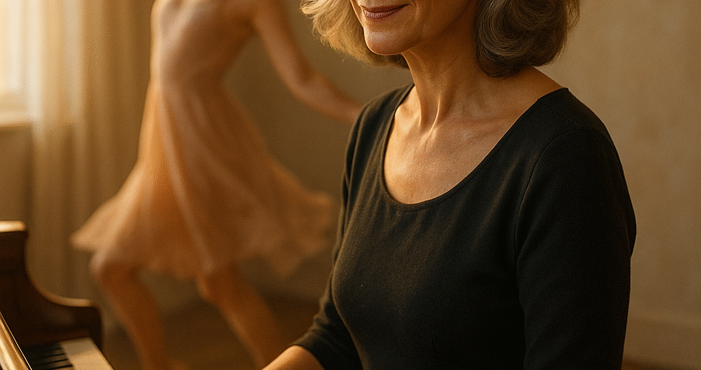 CZ: Žena po čtyřicítce hraje na klavír, za ní tančí silueta – symbol živé mysli a tvořivosti v každém věku. EN: A woman in her 50s plays the piano as a dancing silhouette moves behind her – a symbol of a creative, ageless mind. DE: Eine Frau um die fünfzig spielt Klavier, hinter ihr tanzt eine Silhouette – Sinnbild eines lebendigen, kreativen Geistes.