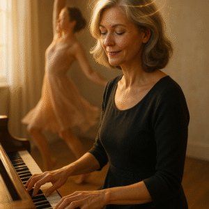 CZ: Žena po čtyřicítce hraje na klavír, za ní tančí silueta – symbol živé mysli a tvořivosti v každém věku. EN: A woman in her 50s plays the piano as a dancing silhouette moves behind her – a symbol of a creative, ageless mind. DE: Eine Frau um die fünfzig spielt Klavier, hinter ihr tanzt eine Silhouette – Sinnbild eines lebendigen, kreativen Geistes.