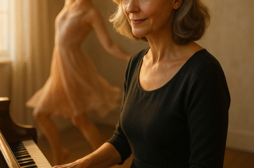 CZ: Žena po čtyřicítce hraje na klavír, za ní tančí silueta – symbol živé mysli a tvořivosti v každém věku. EN: A woman in her 50s plays the piano as a dancing silhouette moves behind her – a symbol of a creative, ageless mind. DE: Eine Frau um die fünfzig spielt Klavier, hinter ihr tanzt eine Silhouette – Sinnbild eines lebendigen, kreativen Geistes.