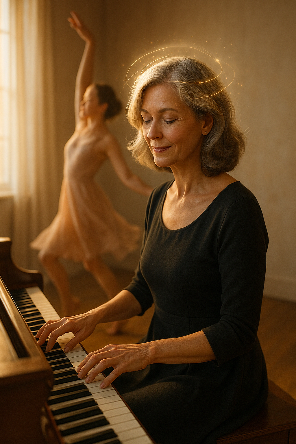 CZ: Žena po čtyřicítce hraje na klavír, za ní tančí silueta – symbol živé mysli a tvořivosti v každém věku. EN: A woman in her 50s plays the piano as a dancing silhouette moves behind her – a symbol of a creative, ageless mind. DE: Eine Frau um die fünfzig spielt Klavier, hinter ihr tanzt eine Silhouette – Sinnbild eines lebendigen, kreativen Geistes.