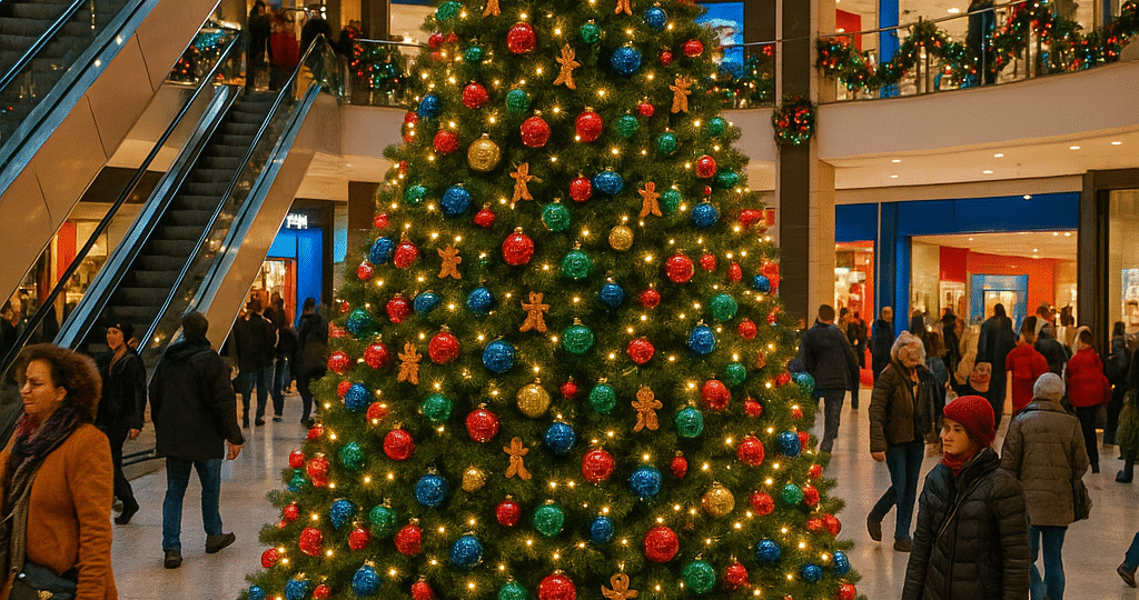 „Vánočně vyzdobené obchodní centrum s velkým barevným stromečkem, světly a nakupujícími.“