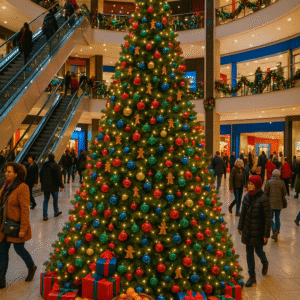 „Vánočně vyzdobené obchodní centrum s velkým barevným stromečkem, světly a nakupujícími.“