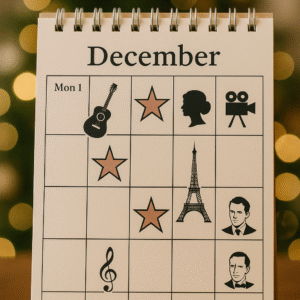 „Stolní prosincový kalendář s ikonami celebrit (kytara, filmová klapka, hvězdy, Eiffelova věž, ženský profil), postavený na dřevěném stole před rozostřenými vánočními světýlky.“