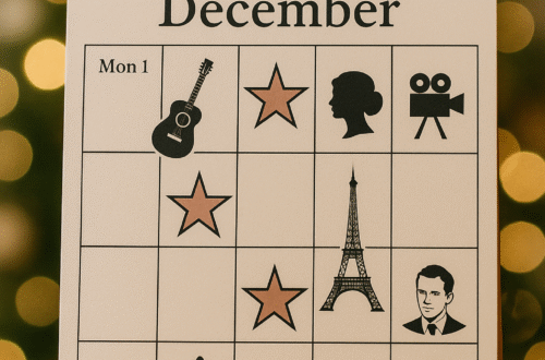„Stolní prosincový kalendář s ikonami celebrit (kytara, filmová klapka, hvězdy, Eiffelova věž, ženský profil), postavený na dřevěném stole před rozostřenými vánočními světýlky.“