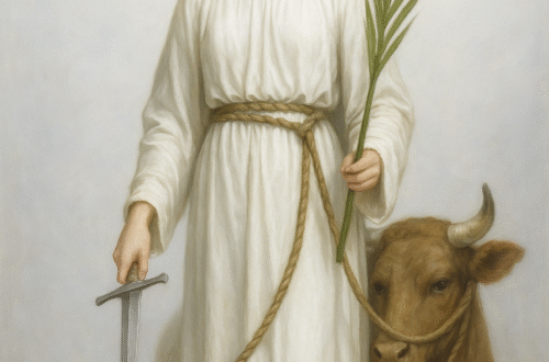 Bíle oděná svatá Lucie s palmovým listem, mečem a s volem