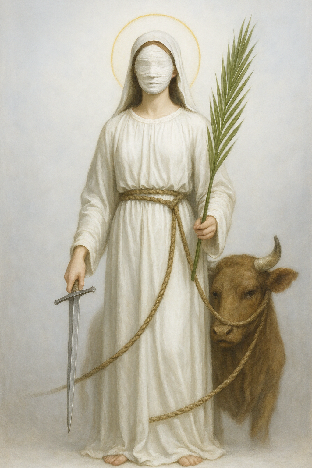 Bíle oděná svatá Lucie s palmovým listem, mečem a s volem