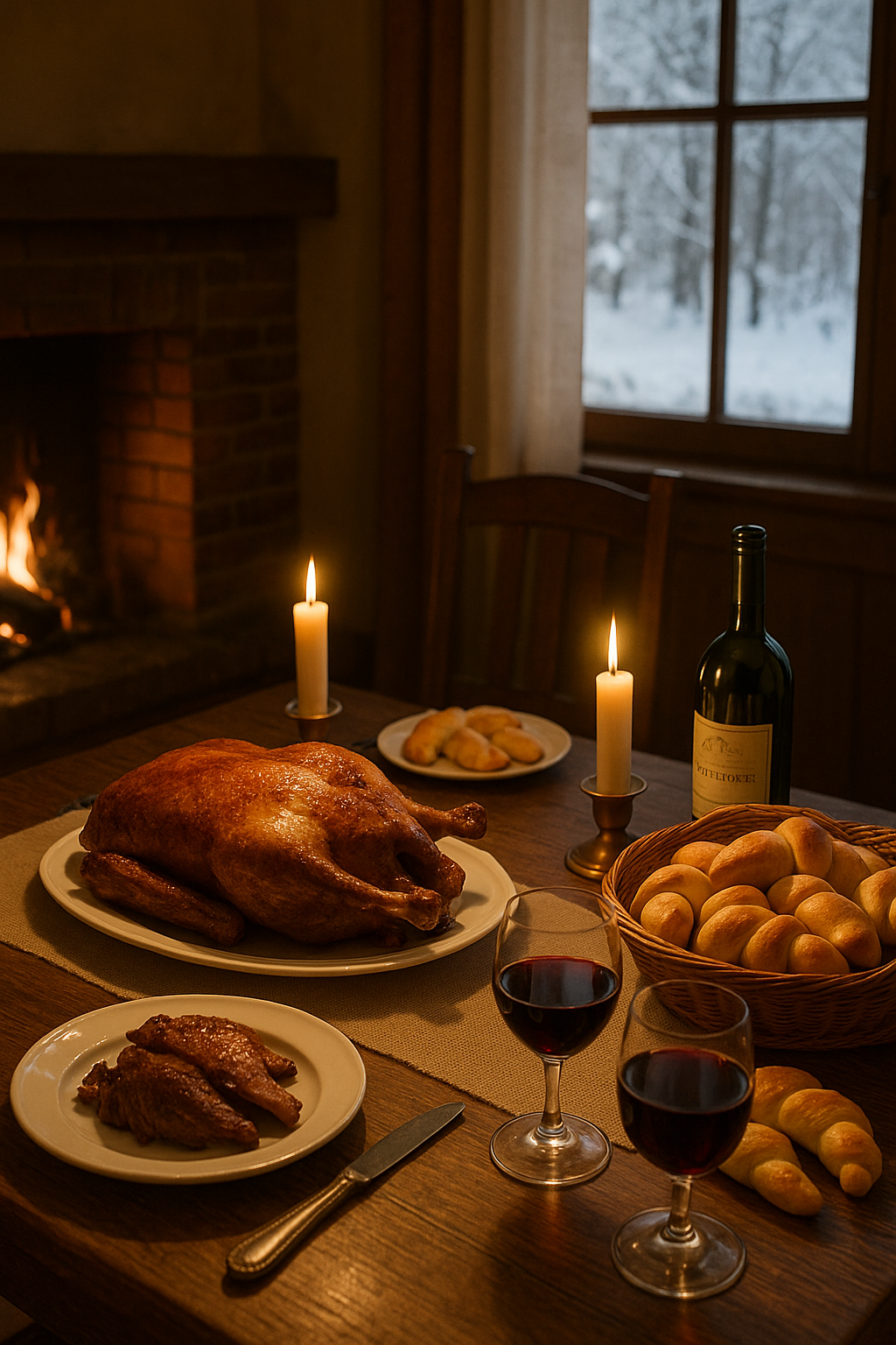 CZ (doporučuji) “Svatomartinská hostina: pečená husa na rustikálním stole, martinské rohlíčky, svíčky a červené víno; za oknem sníh, v krbu plápolá oheň – útulná zimní atmosféra.” EN “St. Martin’s Day feast: roast goose on a rustic table with crescent rolls, candles and red wine; snow outside the window, fireplace glowing – cozy winter mood.”