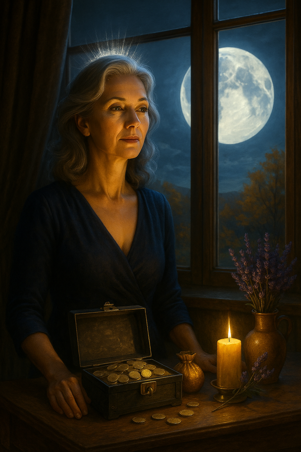 CZ: Elegantní žena po padesátce stojí u okna v měsíčním světle. Na stole má otevřenou pokladnu plnou mincí, zlatý měšec a levanduli. Symbol hojnosti, klidu a ženské síly během úplňku v Býku. EN: Elegant woman in her fifties stands by a window in moonlight. On the table, an open chest of coins, a golden pouch, and lavender. A symbol of abundance, peace, and feminine strength during the Taurus full moon.