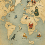 Stylová vintage mapa světa s ilustracemi vánočních tradic z různých zemí – islandská vánoční kočka, ukrajinský pavouk, Děda Mráz z Ruska, bruslaři z Venezuely, pálící poleno z Litvy, Santa na lodi z Havaje a další symboly zobrazující, jak se slaví Vánoce po celém světě.