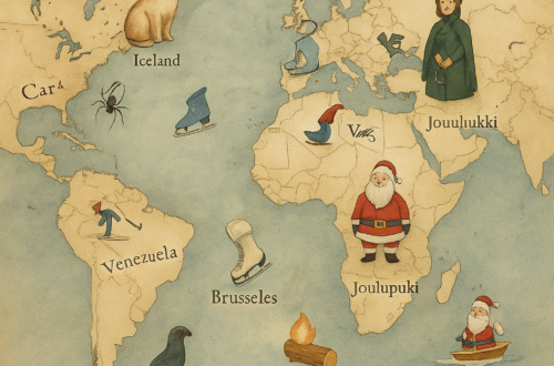 Stylová vintage mapa světa s ilustracemi vánočních tradic z různých zemí – islandská vánoční kočka, ukrajinský pavouk, Děda Mráz z Ruska, bruslaři z Venezuely, pálící poleno z Litvy, Santa na lodi z Havaje a další symboly zobrazující, jak se slaví Vánoce po celém světě.