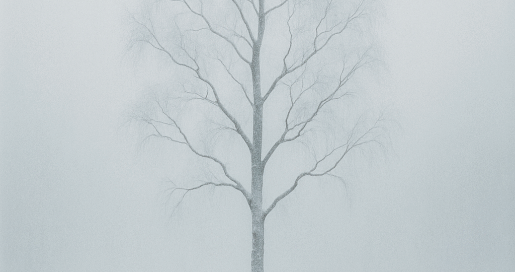 Osamělá bříza v zimní mlze, jemná tichá krajina bez lidí.