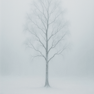 Osamělá bříza v zimní mlze, jemná tichá krajina bez lidí.