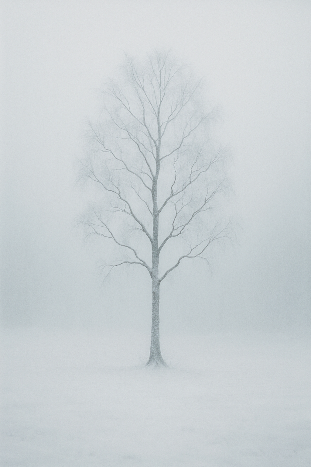 Osamělá bříza v zimní mlze, jemná tichá krajina bez lidí.