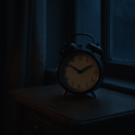 Budík na nočním stolku v ranním šeru, symbolizující změnu času a pomalé probouzení těla.