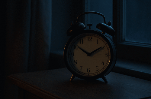 Budík na nočním stolku v ranním šeru, symbolizující změnu času a pomalé probouzení těla.