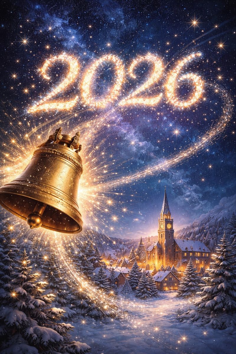 Digitální ilustrace kostelního zvonu proti hvězdnému nočnímu nebi s nápisem „2026“. Atmosféra je jasná, klidná a lehce magická – vyzařuje naději a nový začátek.