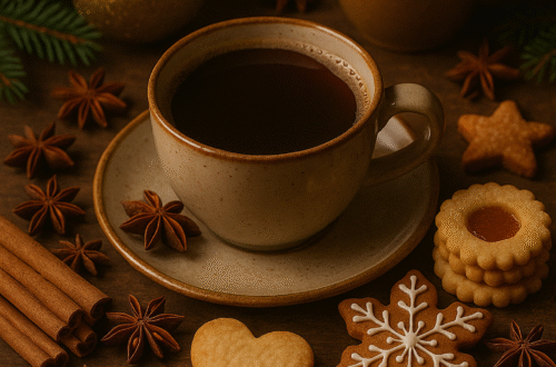 Fotorealistický vánoční motiv: šálek horkého čaje nebo kávy na dřevěném stole, obklopený vanilkovými a lineckými sušenkami, perníčkem ve tvaru vločky, skořicí, badyánem a vánočními ozdobami v teplém, zlatavém světle.
