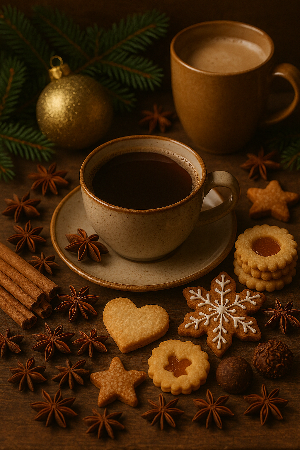 Fotorealistický vánoční motiv: šálek horkého čaje nebo kávy na dřevěném stole, obklopený vanilkovými a lineckými sušenkami, perníčkem ve tvaru vločky, skořicí, badyánem a vánočními ozdobami v teplém, zlatavém světle.