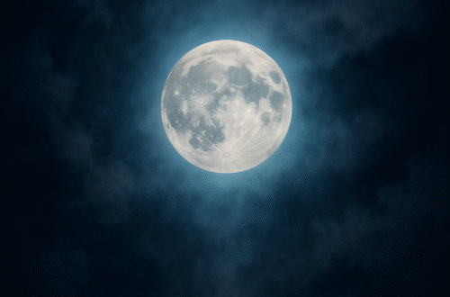 Fotorealistický studený prosincový úplněk na noční obloze s jemnou mlhou a mystickou aurou.