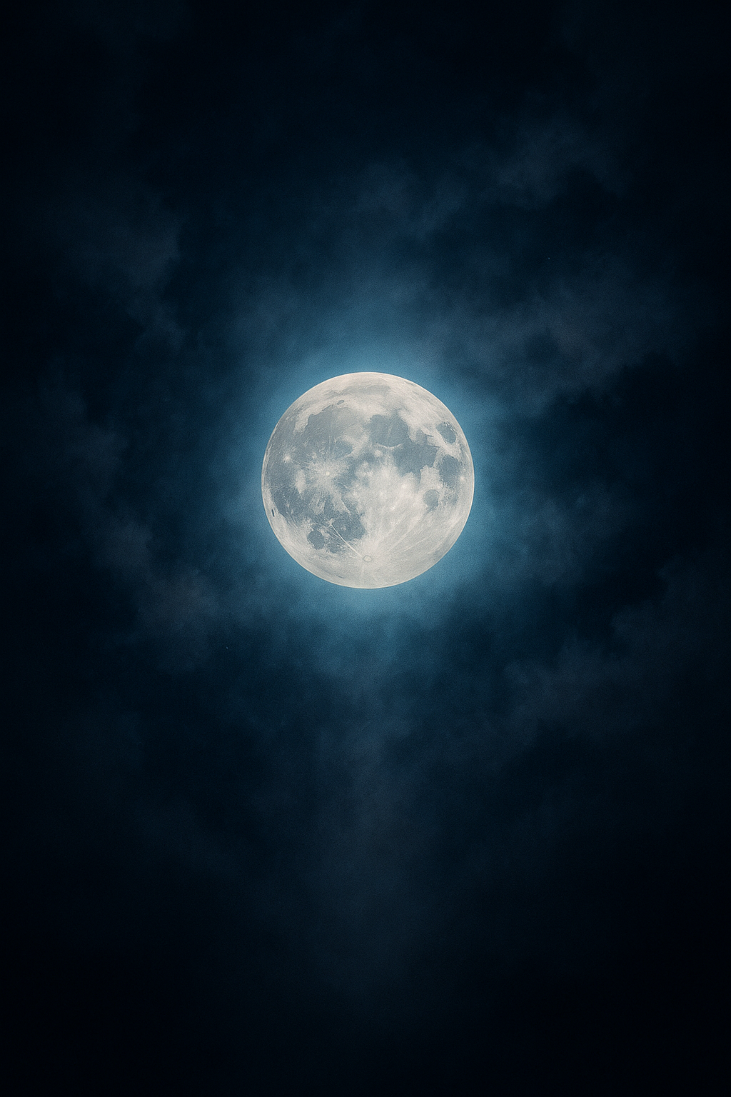 Fotorealistický studený prosincový úplněk na noční obloze s jemnou mlhou a mystickou aurou.