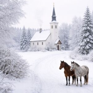Zimní venkovská krajina na Boží hod s malým kostelíkem zasněženým sněhem a dvěma koňmi stojícími na cestě v tichu bílého zimního dne.
