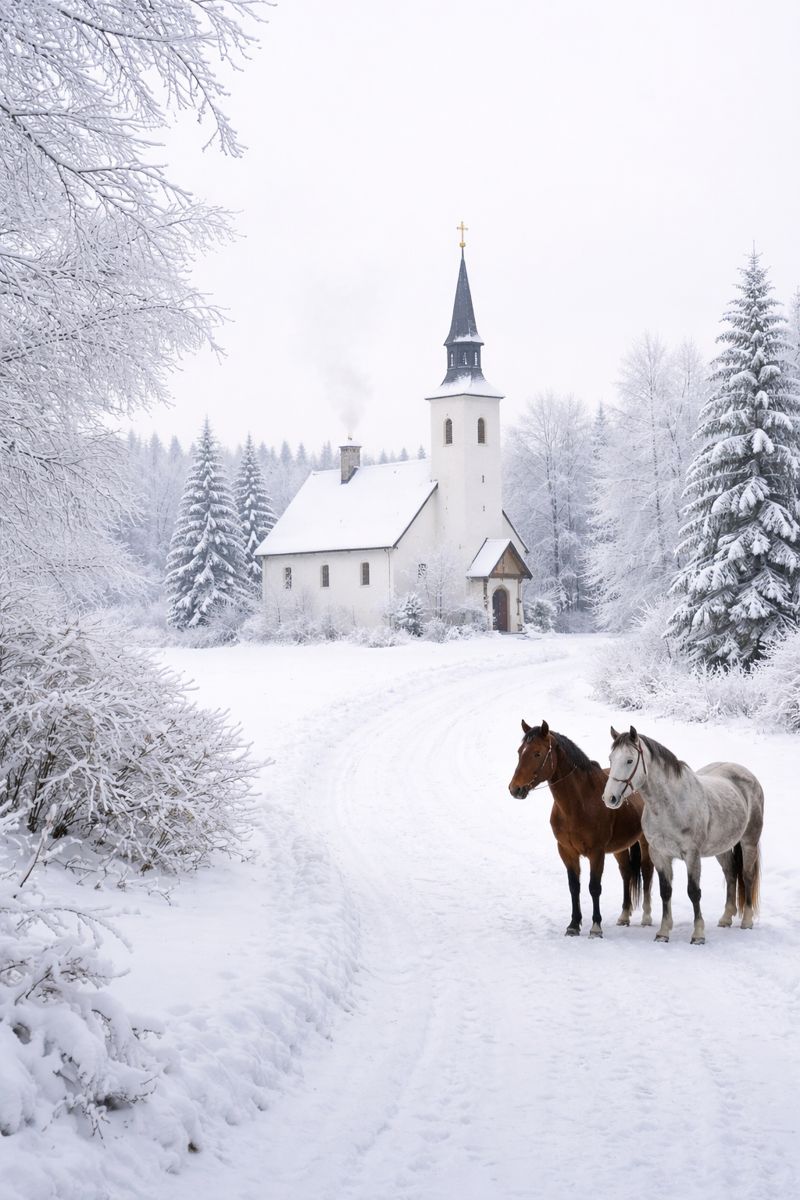 Zimní venkovská krajina na Boží hod s malým kostelíkem zasněženým sněhem a dvěma koňmi stojícími na cestě v tichu bílého zimního dne.