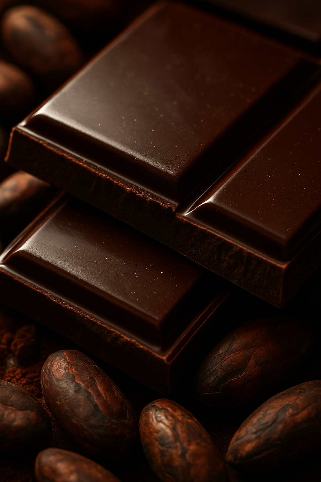 Makro detail lesklé hořké čokolády s kakaovými boby a dramatickým osvětlením.