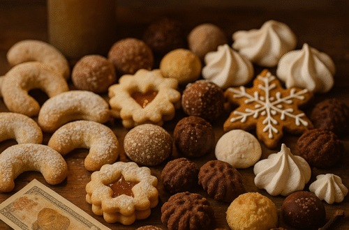 Vánoční atmosféra se svíčkou na stole a spoustou vanočního cukroví