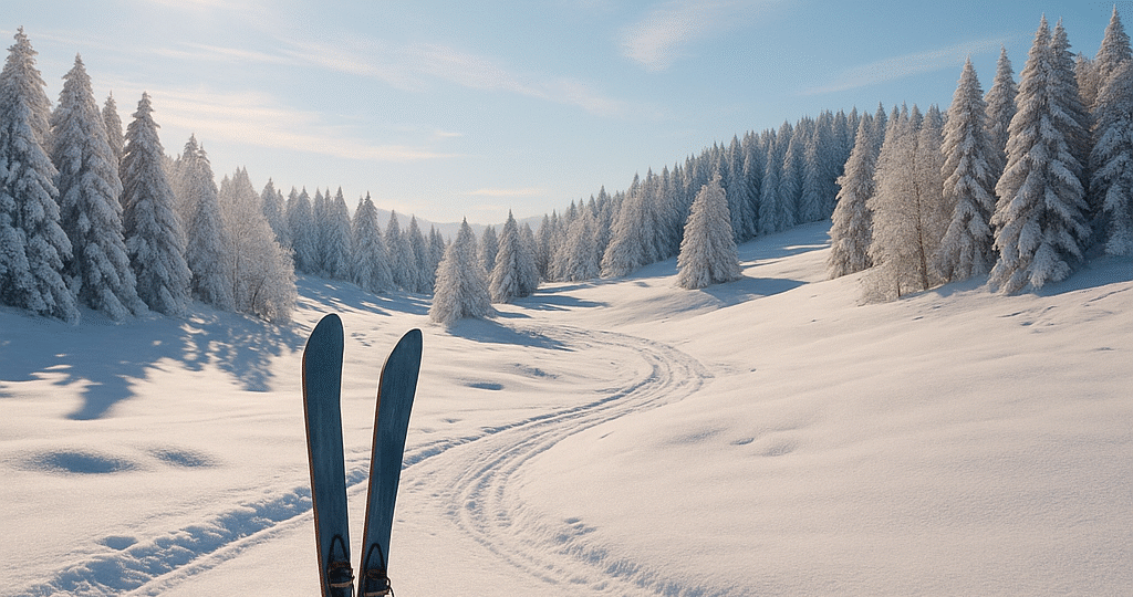 Zimní slunečná krajina s bílým sněhem, dřevěnými lyžemi a sáněmi na otevřeném prostranství. Jasné zimní slunce osvětluje zasněžené stromy a vytváří pocit klidu a lehkosti.