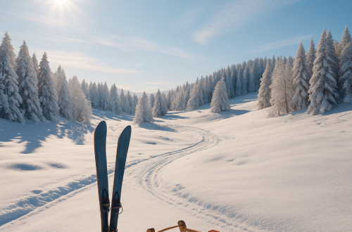 Zimní slunečná krajina s bílým sněhem, dřevěnými lyžemi a sáněmi na otevřeném prostranství. Jasné zimní slunce osvětluje zasněžené stromy a vytváří pocit klidu a lehkosti.