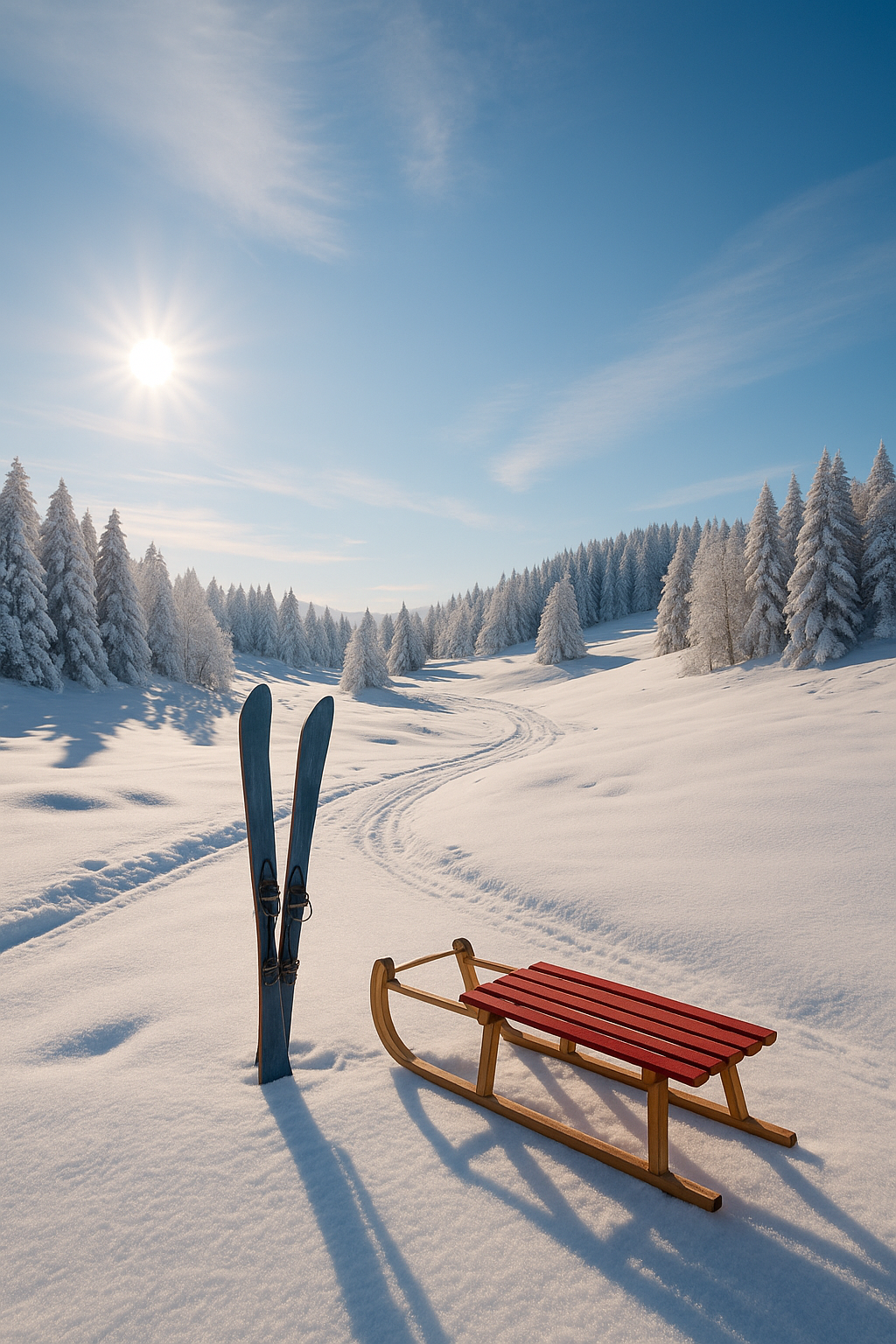 Zimní slunečná krajina s bílým sněhem, dřevěnými lyžemi a sáněmi na otevřeném prostranství. Jasné zimní slunce osvětluje zasněžené stromy a vytváří pocit klidu a lehkosti.