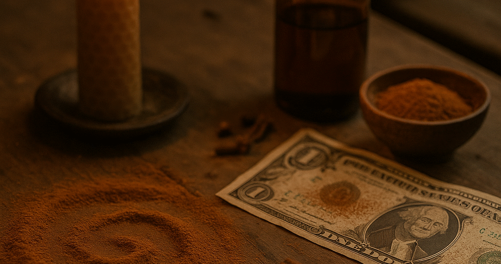 Fotorealistická scéna na starém dřevěném stole: spirála ze sypané skořice, hořící včelí svíčka, bankovka poprášená skořicí, lahvička oleje, miska s kořením a celé kousky skořice a hřebíčku v teplém, magickém světle.