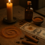 Fotorealistická scéna na starém dřevěném stole: spirála ze sypané skořice, hořící včelí svíčka, bankovka poprášená skořicí, lahvička oleje, miska s kořením a celé kousky skořice a hřebíčku v teplém, magickém světle.