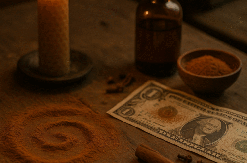 Fotorealistická scéna na starém dřevěném stole: spirála ze sypané skořice, hořící včelí svíčka, bankovka poprášená skořicí, lahvička oleje, miska s kořením a celé kousky skořice a hřebíčku v teplém, magickém světle.