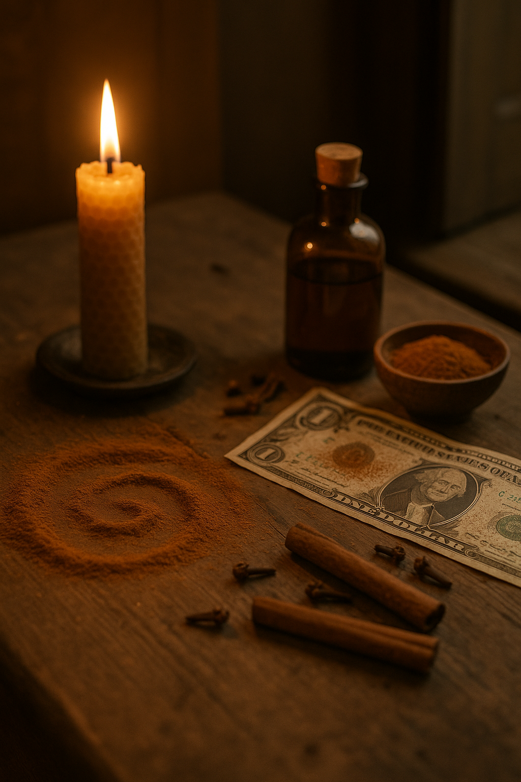 Fotorealistická scéna na starém dřevěném stole: spirála ze sypané skořice, hořící včelí svíčka, bankovka poprášená skořicí, lahvička oleje, miska s kořením a celé kousky skořice a hřebíčku v teplém, magickém světle.