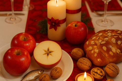 Prostřený vánoční stůl se svíčkami, vánočkou, jablkem s hvězdou, ořechy a slavnostní červenou výzdobou na Štědrý den.