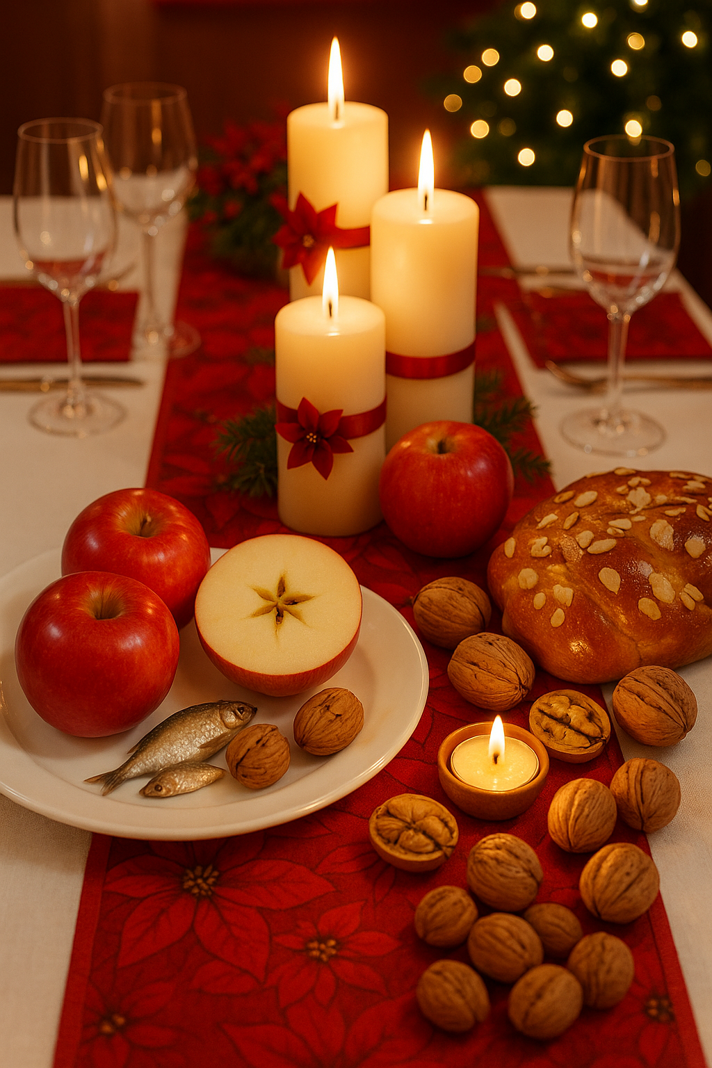 Prostřený vánoční stůl se svíčkami, vánočkou, jablkem s hvězdou, ořechy a slavnostní červenou výzdobou na Štědrý den.