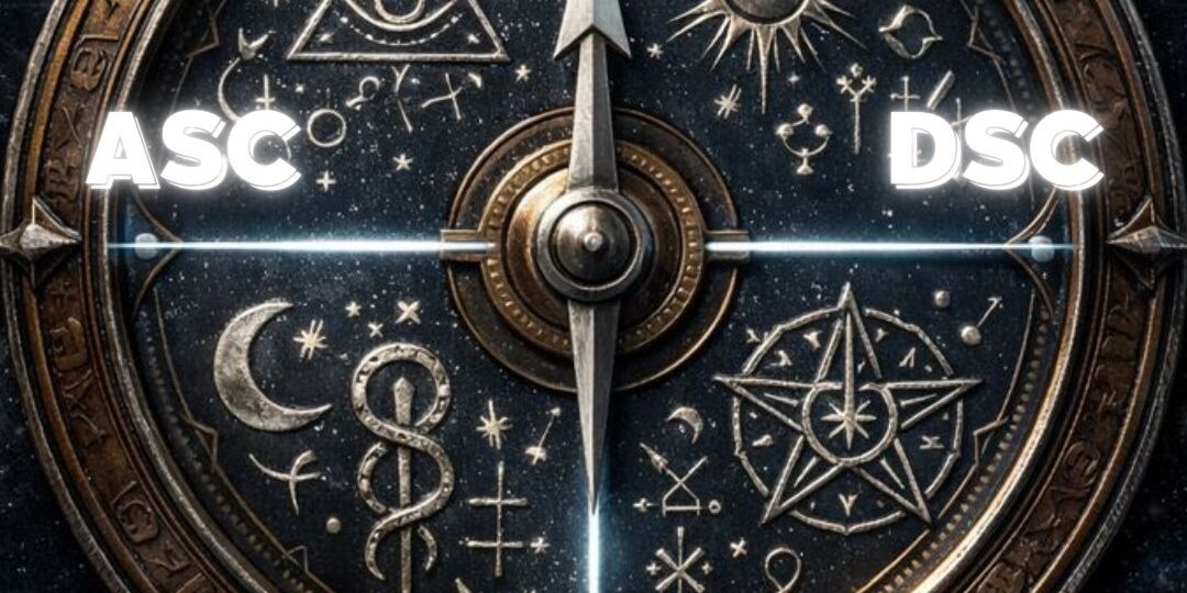 Mystický astrologický kompas v tmavě modré a stříbrné barvě zobrazující čtyři hlavní body horoskopu: ASC, DSC, MC a IC, umístěné na nebeském pozadí s runami a hvězdami.