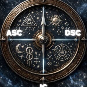 Mystický astrologický kompas v tmavě modré a stříbrné barvě zobrazující čtyři hlavní body horoskopu: ASC, DSC, MC a IC, umístěné na nebeském pozadí s runami a hvězdami.