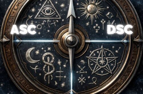 Mystický astrologický kompas v tmavě modré a stříbrné barvě zobrazující čtyři hlavní body horoskopu: ASC, DSC, MC a IC, umístěné na nebeském pozadí s runami a hvězdami.