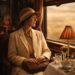 Agatha Christie ve 38 letech v jídelním voze Orient Expressu, v krémovém plátěném kostýmku a světle hnědém klobouku, dívá se z okna – moment ticha a nového začátku