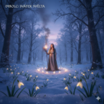 Fotorealistický magický výjev svátku Imbolc. Žena v historickém rouchu drží pochodeň uprostřed zimního lesa, obklopena kruhem hořících svíček a rozkvétajícími sněženkami v tajícím sněhu. Atmosféra naděje a konce zimy.